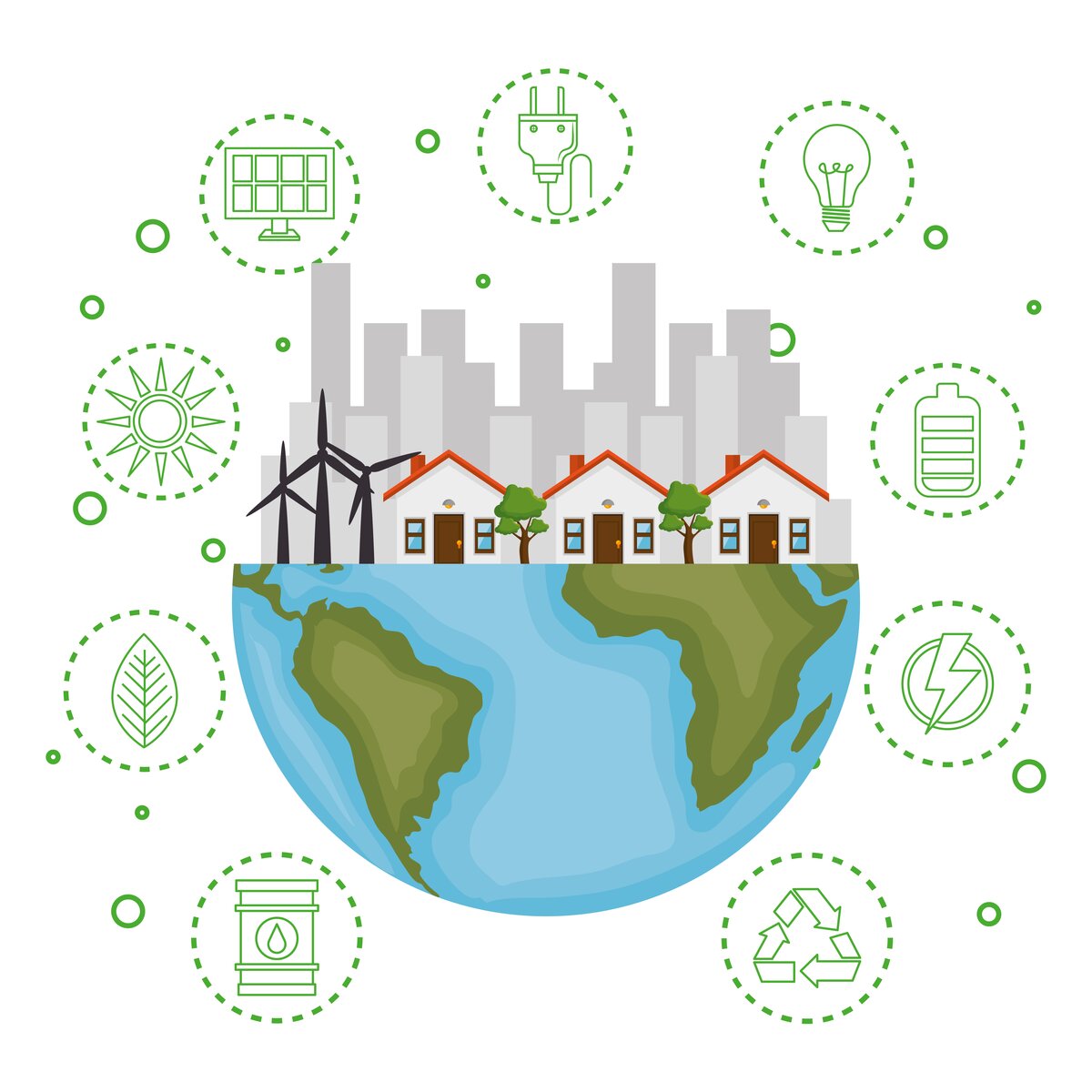 Image shows a cartoon of houses and skyscapers sitting on the bottom half of a globe. Green symbols for different types of energy surround the picture.