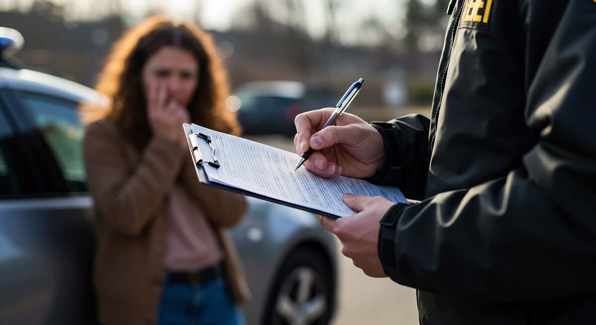 Image shows a police officer writing on a clipboard with a woman stood next to a car