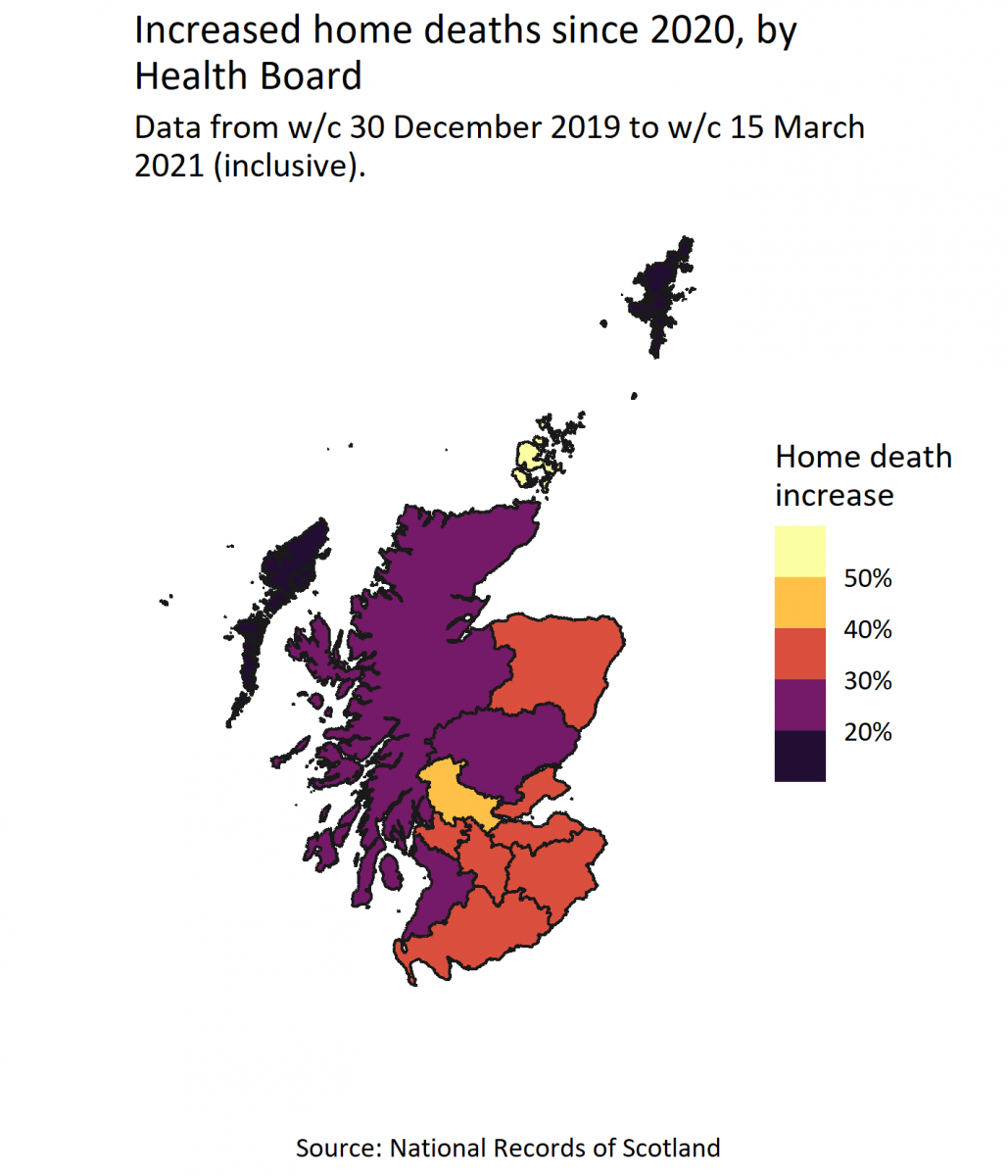 Map showing the proportion increase in home deaths between Decemeber 2019 and March 2021