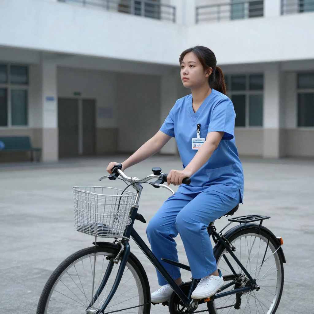 Image shows a nurse on a bicycle
